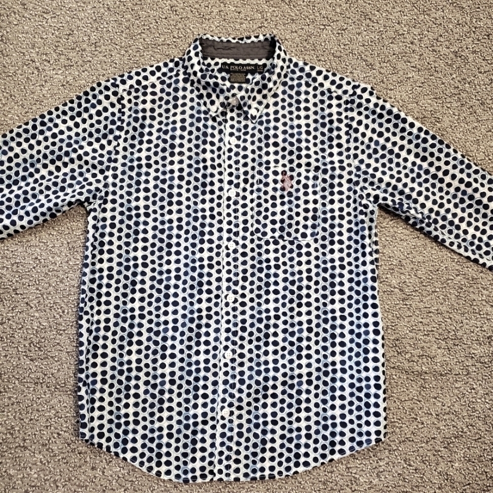 ⭐️US POLO ASSN. BOYS LG/14-16 BLUE POLKA DOT LONG SLEEVE BUTTON UP SHIRT